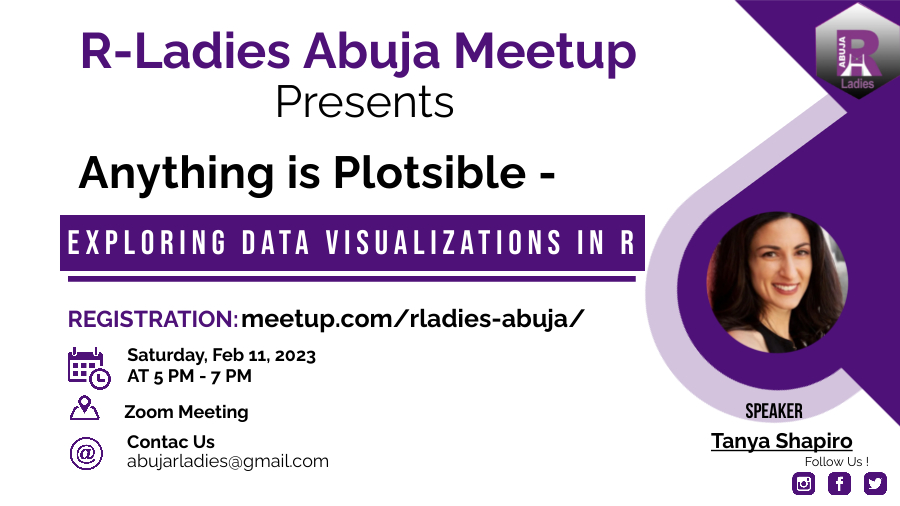 R-Ladies Abuja (@rladiesabuja) on Twitter photo We are excited to host <a href="/tanya_shapiro/">Tanya Shapiro</a> during our upcoming meetup on exploring data through insightful plots. <a href="/RLadiesGlobal/">R-Ladies Global</a> <a href="/RLadiesTunis/">R-Ladies Tunis</a> <a href="/RLadiesGaborone/">R-Ladies Gaborone</a> <a href="/RLadiesNairobi/">R-Ladies Nairobi 🇰🇪</a> <a href="/RLadiesDammam/">R-Ladies Saudi Arabia (Dammam)</a> <a href="/RLadiesAlgiers/">R-Ladies Algiers</a> <a href="/qbwoa/">Bilikisu W. Olatunji</a>
Register to join us:
meetup.com/rladies-abuja/… We are excited to host <a href="/tanya_shapiro/">Tanya Shapiro</a> during our upcoming meetup on exploring data through insightful plots. <a href="/RLadiesGlobal/">R-Ladies Global</a> <a href="/RLadiesTunis/">R-Ladies Tunis</a> <a href="/RLadiesGaborone/">R-Ladies Gaborone</a> <a href="/RLadiesNairobi/">R-Ladies Nairobi 🇰🇪</a> <a href="/RLadiesDammam/">R-Ladies Saudi Arabia (Dammam)</a> <a href="/RLadiesAlgiers/">R-Ladies Algiers</a> <a href="/qbwoa/">Bilikisu W. Olatunji</a>
Register to join us:
meetup.com/rladies-abuja/…