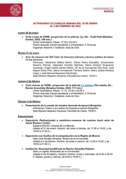 UmBiblioteca's tweet photo. Actividades culturales programadas por Cultura Universidad de Murcia para la semana del 30 de enero al 5 de febrero de 2023.
https://t.co/sqevSSnX1w https://t.co/0hTnccJN6T