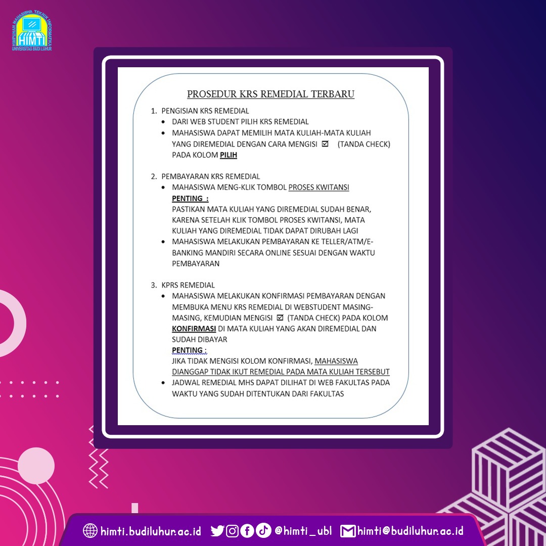 Hi SmarTIzen!👋
.
Berikut ini adalalah Informasi perihal Pendaftaran Remedial Semester Gasal 2022/2023
.
Info selengkapnya
daa.budiluhur.ac.id/2023/01/pendaf…
. 
#infokampus22
#himti_ubl
#teknikinformatika
#biruputihinformatika