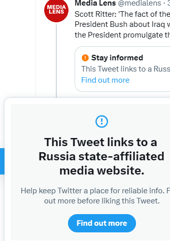 MartinLZinn's tweet photo. @medialens Wow the "censorship" continues.
Before I can like your tweet, I am "warned"

You never warned when liking the MSM tweets that just regurgitate State Department and #NATO talking points and want more war.

When you advocate against war they try and stop you.

This is madness. https://t.co/aX6rg8mLgS