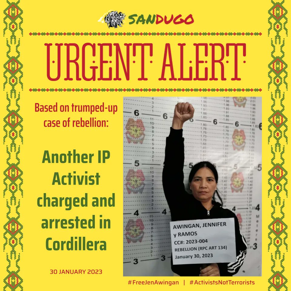URGENT ALERT!

We at Sandugo Alliance denounce the arrest today of Jennifer Awingan, an Indigenous People activist and a staff of the Cordillera Peoples Alliance, for a trumped-up case on rebellion.

#StopTheAttacks
#FreeJenAwingan
#ActivistsNotTerrorists