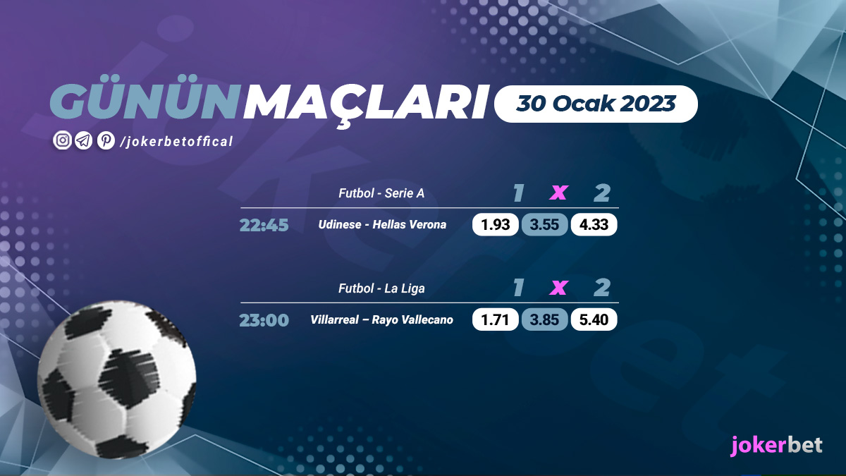 🇮🇹22:45 | Udinese - Hellas Verona
🇪🇸23:00 | Villarreal - Rayo Vallecano

💰bit.ly/jokerbetcasino
📺bit.ly/jokerbetTV
#jokerbet #bahis #bet #iddaa #canliyayin 
#futbol #pazartesi #LaLiga #SerieA #VillarrealRayo #UdineseVerona