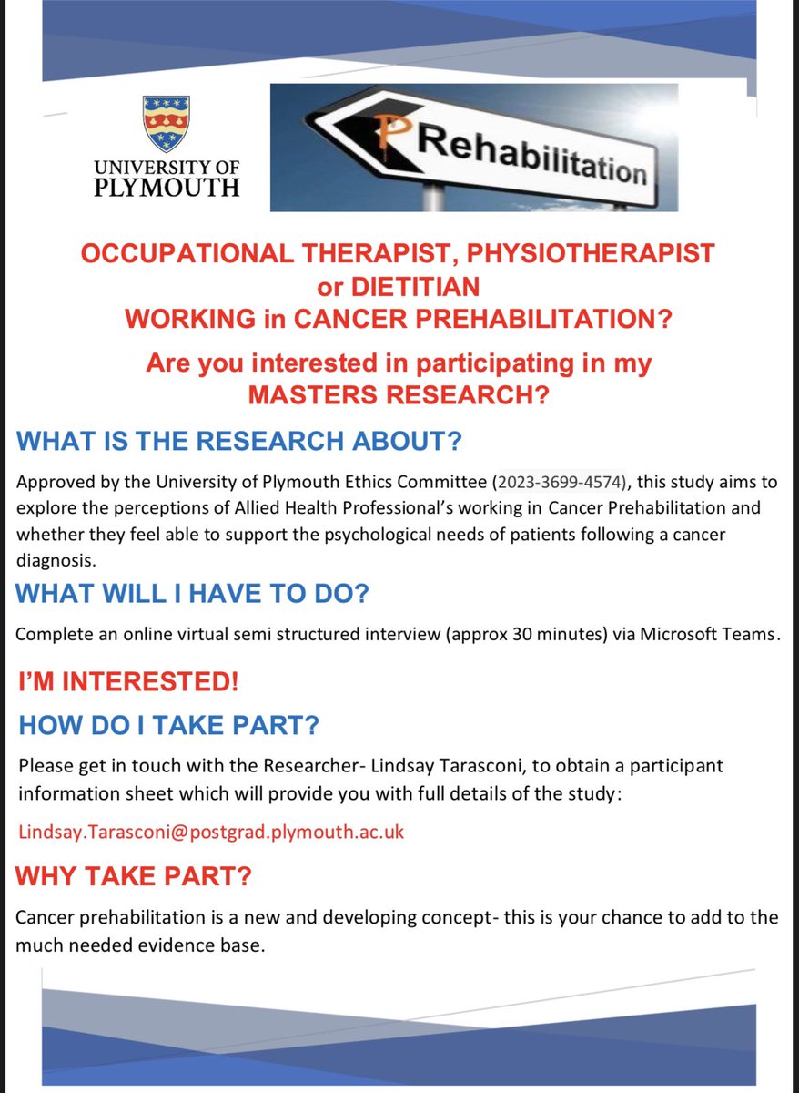 lindstarasconi's tweet photo. Still looking for participants for my research project....
Are you an OT, Physiotherapist or Dietitian working in Cancer Prehabilitation?
Please contact me on lindsay.tarasconi@postgrad.plymouth.ac.uk for more details. 
Retweets welcome 😊 https://t.co/u7vEGWK2AA