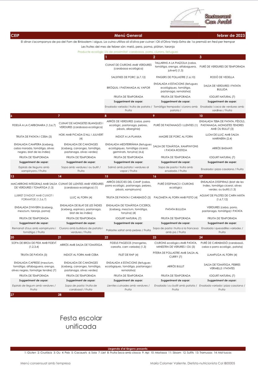 Aquest és el menú de febrer 2023.
Bon profit!