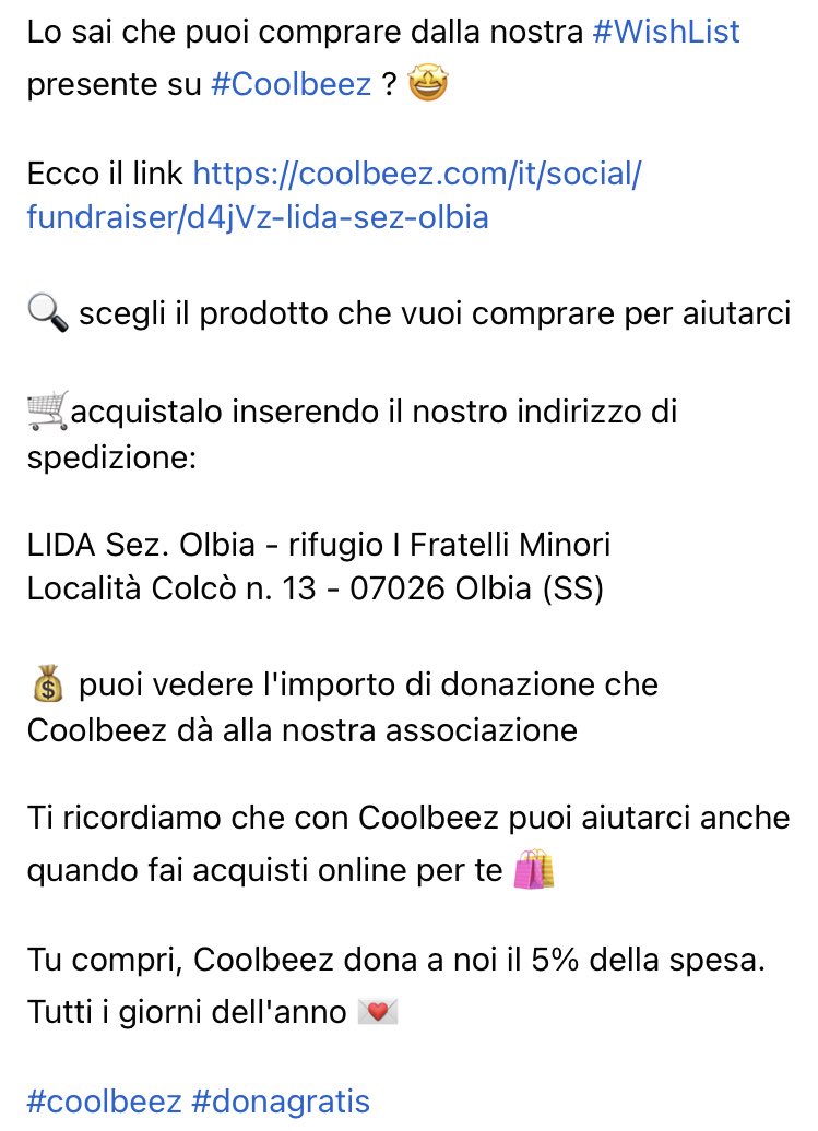 LidaSezOlbia's tweet photo. Lo sai che puoi comprare dalla nostra #WishList presente su #Coolbeez?🤩
https://t.co/z4Hk4Lxntw
🛒acquistalo inserendo il nostro indirizzo di spedizione:
LIDA Sez. Olbia - rifugio I Fratelli Minori
Località Colcò n. 13 - 07026 Olbia (SS)
#donagratis💌 https://t.co/KxZrZDkEba