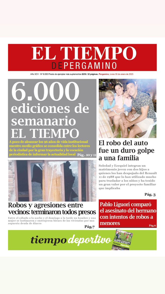 Tapa de la edición 6000 de semanario El Tiempo de Pergamino

eltiempodepergamino.com.ar

#informacion #actualidad #noticias #periodico #semanario #mediografico #elvalordelapalabraimpresa #elhabitodeloslunes #periodicopergamino #semanariopergamino #lunesotravez #lunes