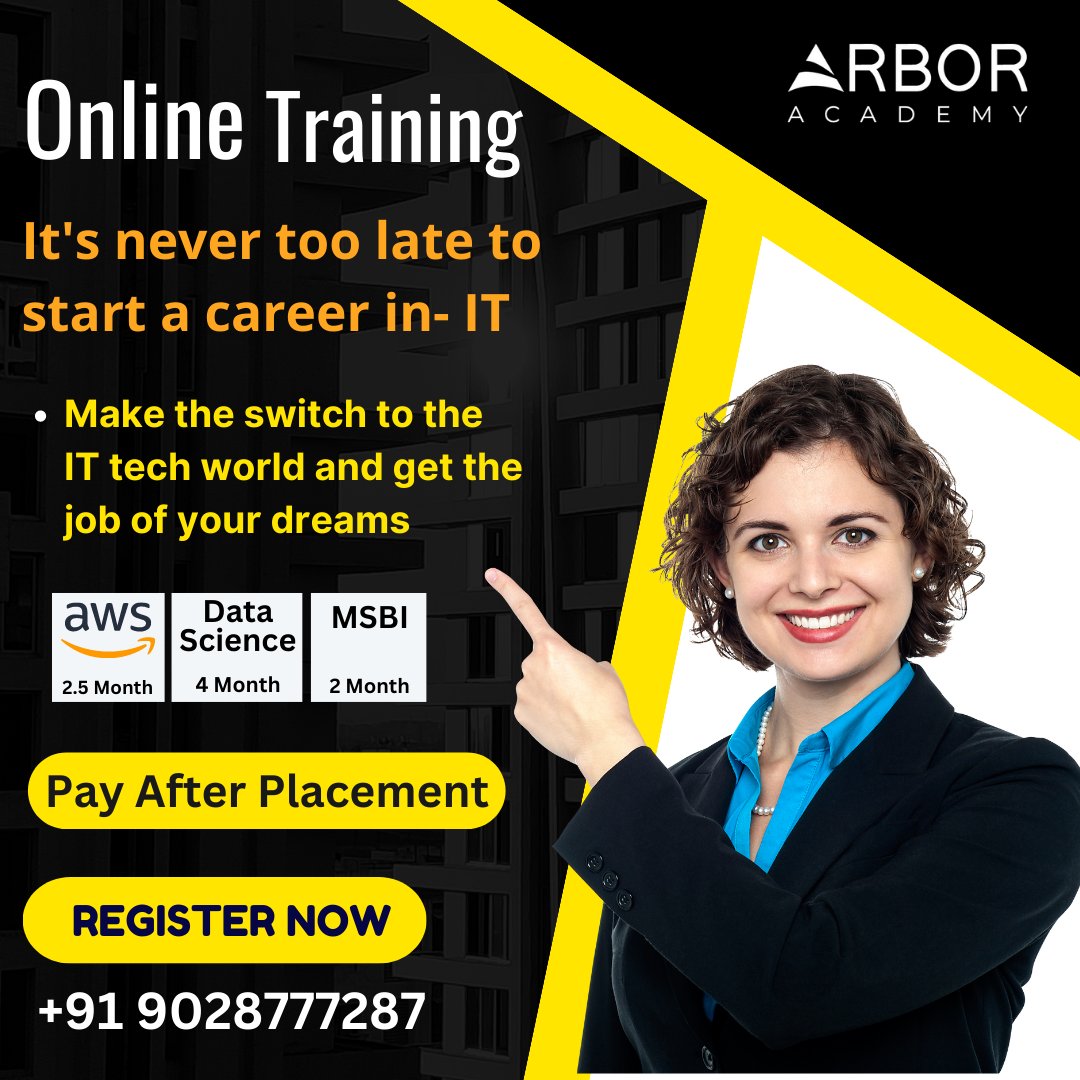 AcademyArbor's tweet image. Arbor Academy is the leading IT Training Centre in Pune, providing Data Science, Aws Devops, and MSBi Training With a 100% Placement Guarantee. We have been running effective and efficient training to help people get good job opportunities
.
#training #ITTrainingandplacement