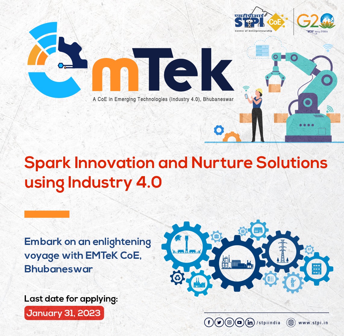 stpinext's tweet photo. #StartupCall! @emtekcoe , Bhubaneswar is organizing a pan-India "Call for Application 2022", in which startups & entrepreneurs need to provide solutions for the industry using industry 4.0 technologies.
Just a day left for applying!
Visit: https://t.co/kH4z4t7YRl https://t.co/JAGZ8PCARb