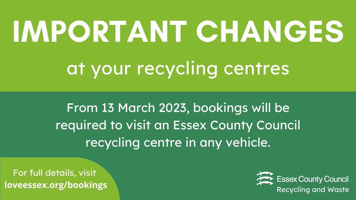 loveessexuk's tweet image. Important changes to Essex recycling centres ⚠️

From 13 March 2023, you need to book a slot to visit an Essex County Council recycling centre.

This will help to manage waiting times, reduce congestion &amp;amp; improve the customer experience.

For more, visit:

loveessex.org/bookings
