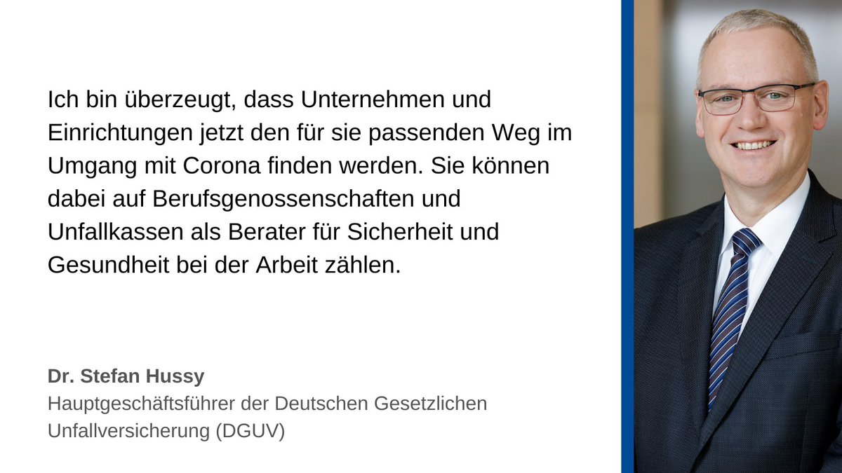 Gemeinsam in eine neue Normalität - 
Statement von Dr. Stefan Hussy zum Ende der Corona-Arbeitsschutzverordnung:
dguv.de/de/mediencente…