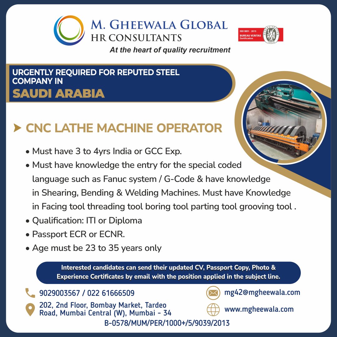 mgheewala_hrc's tweet photo. Job Vacancies for #Saudiarabia
Interested Candidates can send the updated resume to mg42@mgheewala.com
Learn More https://t.co/Ps4bxv2mB1
#jobsinsaudi #CNClathemachineoperator #operator #machineoperator #gccexperience #bendingweldingmachine #fanucsystem #threadingtool https://t.co/UJlNzfhnv6