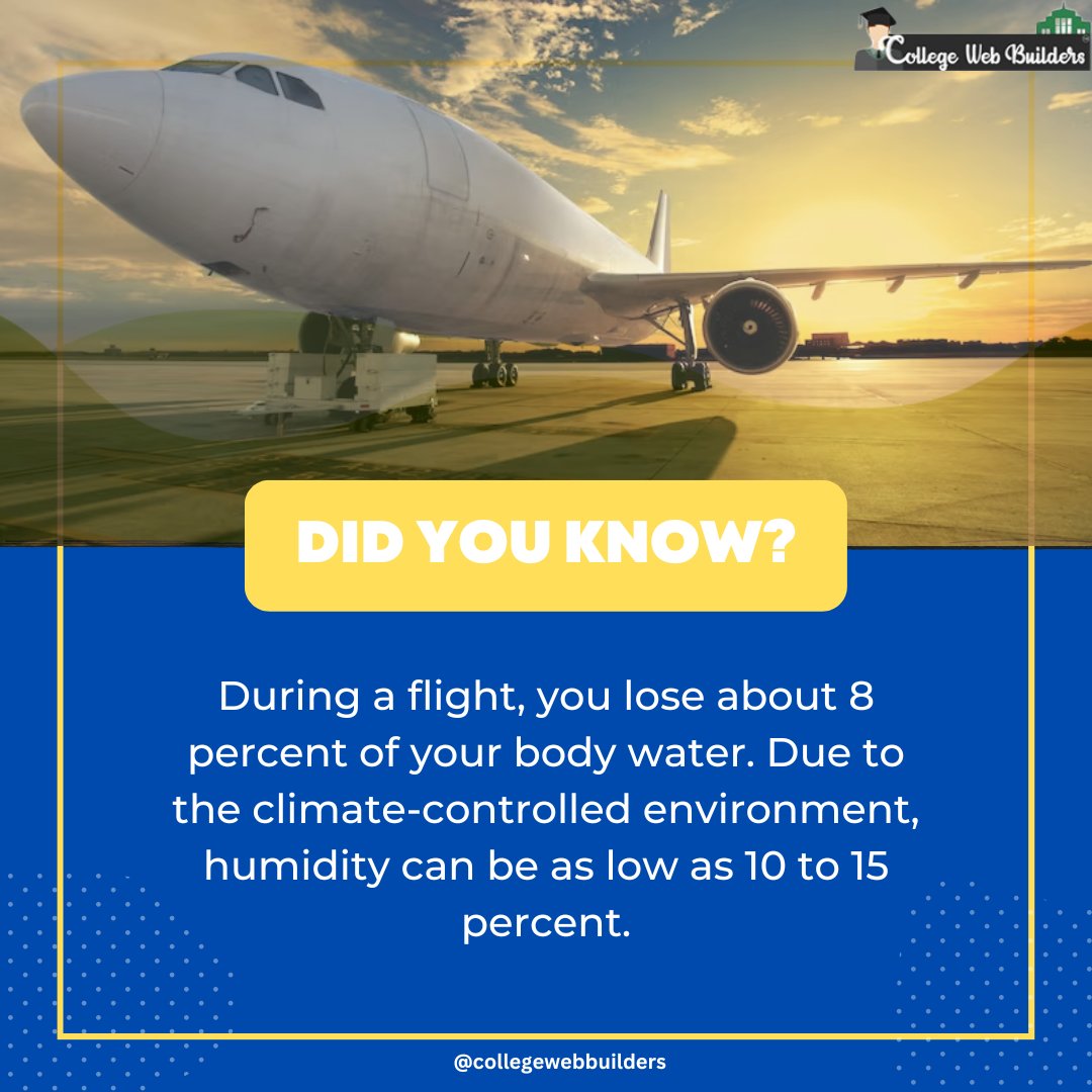 collegebbuilder's tweet image. Did you know - During a flight, you lose about 8 percent of your body water. Due to the climate-controlled environment, humidity can be as low as 10 to 15 percent.
.
.
#collegewebbuilders #didyouknow #facttime #flightfacts #water #humanbody #humidity #environment