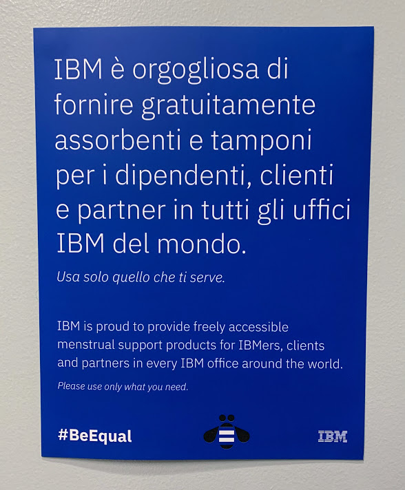 Decollanz's tweet photo. .@IBM è orgogliosa di fornire gratuitamente assorbenti e tamponi per i dipendenti, clienti e partner in tutti gli uffici #IBM nel mondo.
#BeEqual #BeRespectful #BeInclusive https://t.co/mnZZ60kgIv