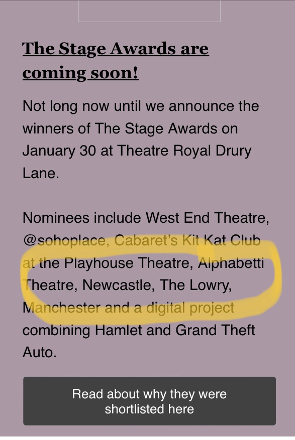 Nominees include…

@Alphabetti 👏🎉

We’ll be routing for you from our #dressrehearsal tonight! 

#TheStageAwards 🌟