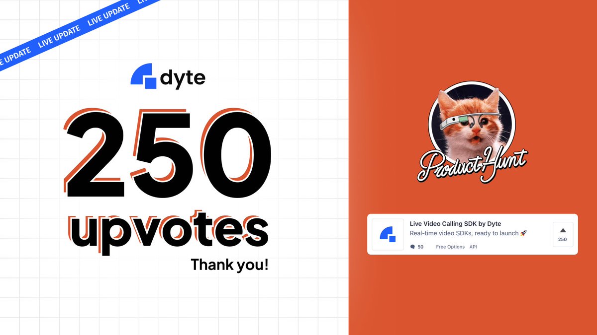 dyte_io's tweet photo. Update! 🔊 

We’ve received our first 250 upvotes, and we’re grateful to everyone for supporting us!

If you haven’t checked out our Product Hunt launch yet, you can do so now. 

Make sure to visit https://t.co/z6QGQPiTHK and give us your support and feedback 🙇 https://t.co/trgDhWiMpH