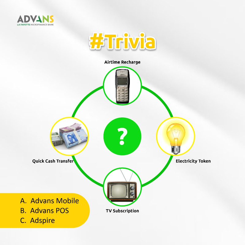 AdvansNigeria's tweet image. It’s Tuesday Trivia, and 6 new winners to emerge.

Pick the correct answer
Use hashtag #TuesdayTrivia 
Win a gift from us

#AdvansNigeria,  #tuesdaypost