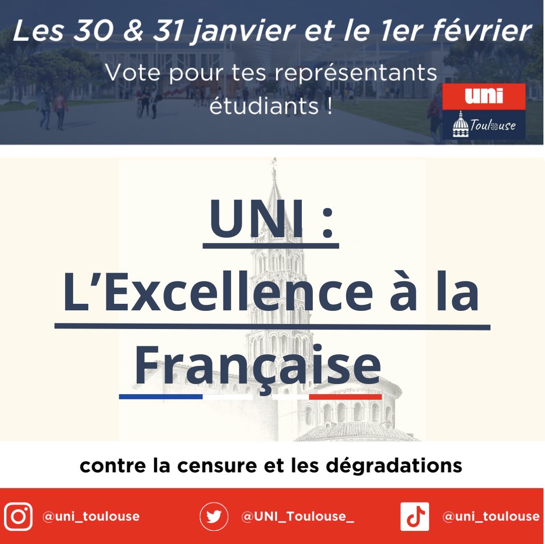 Fiers de présenter notre liste aux centraux d’<a href="/UTJeanJaures/">UT Jean Jaurès</a> 🇫🇷. Face aux autres listes d’extrême-gauche qui nous censurent et nous diffament, nous lutterons pour vous garantir de meilleures conditions d’études 📚
