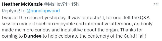 CairdHallDundee's tweet photo. Thanks to the lovely members of the audience who posted supportive comments about their experience at @AnnaLapwood's concert on Saturday. Seeing new faces and old friends was truly uplifting, and we are delighted the first concert celebrating our centenary was so well received. https://t.co/j2eMFFTvNO