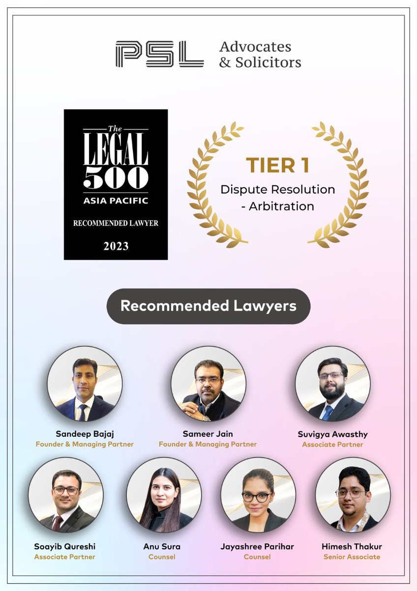 We are pleased to announce that our 7 practitioners have been ranked for Dispute Resolution: Arbitration practice area by @thelegal500 in their 2023 rankings.

#leadinglawyers #leadinglawfirm #recognitionawards #disputeresolution #arbitration #lawfirm #pslchambers #legal500