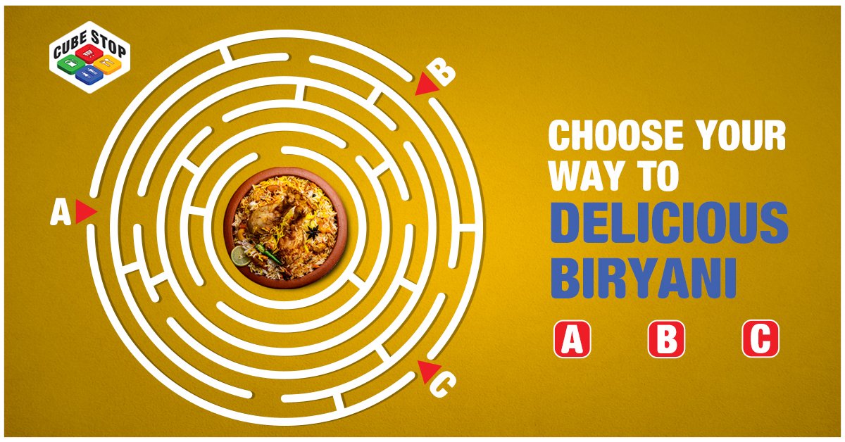cubestopindia's tweet image. Search your way to the preferred evening meal in the picture and message your answer to us. Visit Cube Stop to enjoy mouthwatering Biryani that will satisfy your craving for a mid-highway meal. 
#WaysideAmenity #Cubestop  #travelers #highwaypartner #trustedhighwaystop