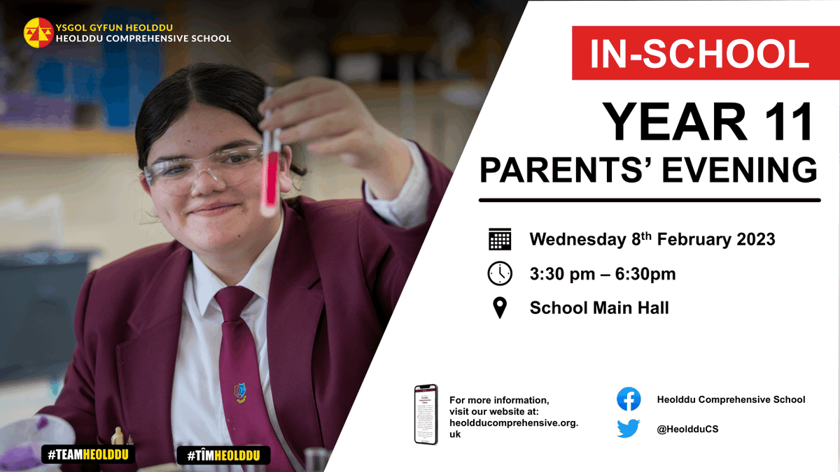 HeoldduCS's tweet photo. Year 11 Parents' Evening: Wednesday 8th February
Please see the poster below for information on next week's parents' evening for Year 11. https://t.co/0pIivk8s4q
