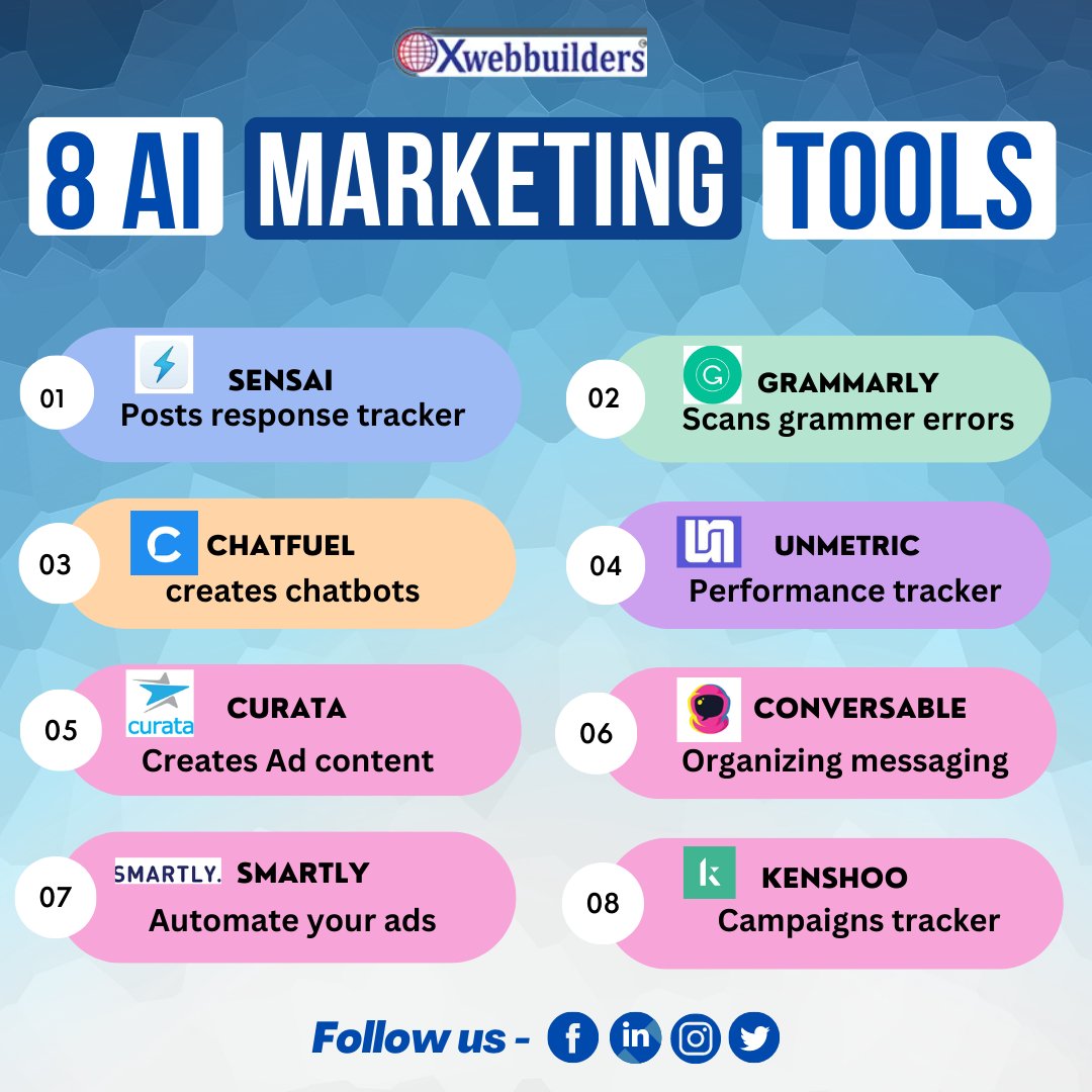 xwebbuilders's tweet photo. AI Marketing tools that is essential to every digital marketer!!
.
#xwebbuilders #ai #marketingtools #sensai #grammarly #chatfuel #unmetric #curata #conversable #smartly #kenshoo https://t.co/X8DCGZmpDt
