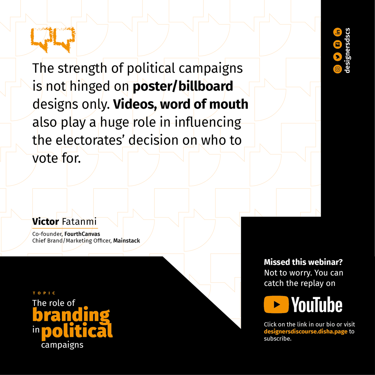 designersdscs's tweet photo. KEY TAKE-AWAYS FROM OUR LAST WEBINAR
Missed this webinar? Not to worry. You can now catch the replay on YouTube.
1/2
#DDWebinar #designersdiscourse #discoveryourtruth #theroleofbrandinginpoliticalcampaigns https://t.co/VHeGrHcPAR