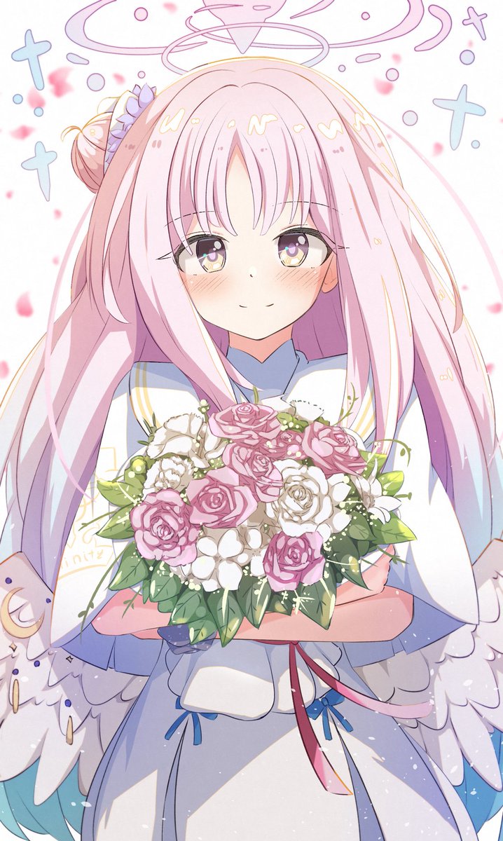 mika (blue archive) 1girl flower pink hair solo long hair bouquet halo  illustration images