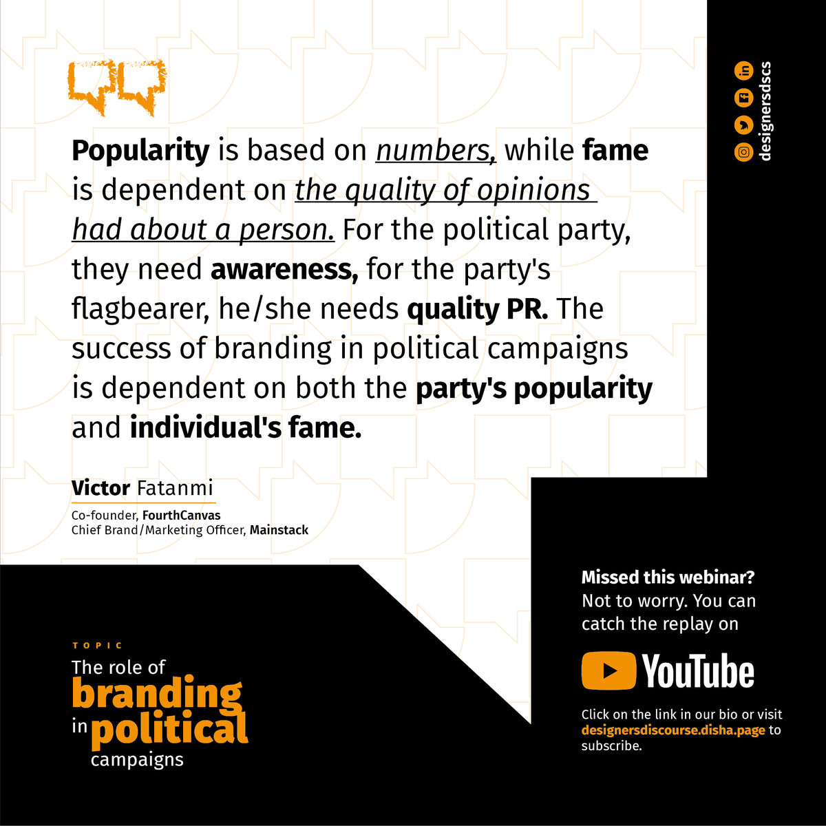 designersdscs's tweet photo. KEY TAKE-AWAYS FROM OUR LAST WEBINAR
Missed this webinar? Not to worry. You can now catch the replay on YouTube.
1/2
#DDWebinar #designersdiscourse #discoveryourtruth #theroleofbrandinginpoliticalcampaigns https://t.co/VHeGrHcPAR