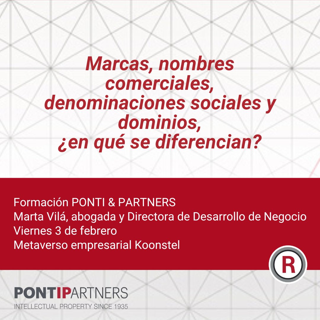 ¡Vuelven los viernes de formación de <a href="/Ponti_IP/">PONTI & PARTNERS</a> en el metaverso de Koonstel con la colaboración del #cluster de <a href="/secpho/">secpho</a>  

Los detalles de la formación, en la imagen 👇
✍️ Apúntate: secpho.org/agenda/ponti-i…

#Ponti #Secpho #formación #Koonstel #Marcas #NombreComercial #Dominios