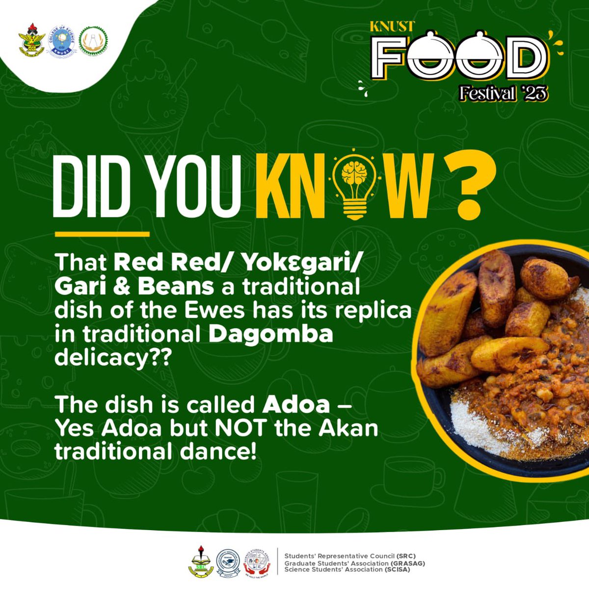 _FoodFestival's tweet photo. 𝐃𝐢𝐝 𝐲𝐨𝐮 𝐤𝐧𝐨𝐰 ?💡

𝐊𝐍𝐔𝐒𝐓 𝐅𝐎𝐎𝐃 𝐅𝐄𝐒𝐓𝐈𝐕𝐀𝐋 ’𝟐𝟑 🤩

#KNUSTFoodFest | #KNUST https://t.co/mGyotzXu5F