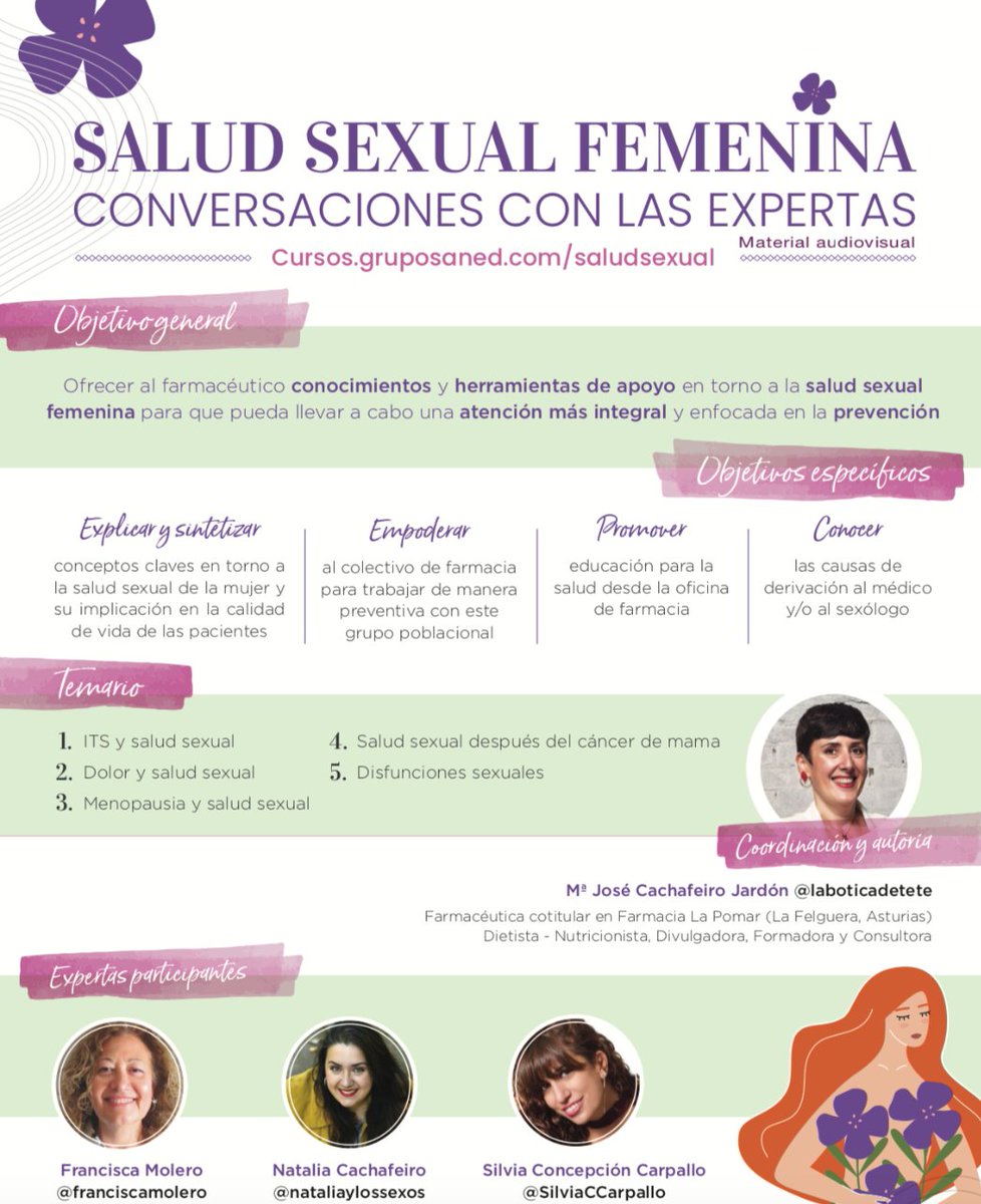 #CURSO Salud sexual femenina: conversaciones con las expertas

Finaliza el 30 de marzo de 2023! #cursofarmacia #cursofarmacéuticos #saludsexualfemenina 
<a href="/laboticadetete/">Mª José Cachafeiro</a> <a href="/franciscamolero/">francisca molero</a> @nataliaylossexos <a href="/SilviaCCarpallo/">Silvia C Carpallo</a> <a href="/natcachafeiro/">Natalia Cachafeiro 🍂 Sexóloga</a>

Entra en: 👉auladelafarmacia.com/curso-salud-se…