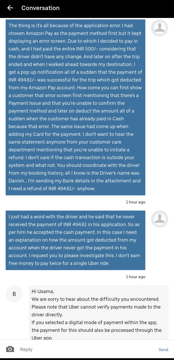 memousama17's tweet photo. I'm trying to explain about the extra payment that I made in cash just because the Amazon Pay method kept showing me an error. And later on the entire ride amount got deducted from my account.
@Uber @Uber_Support @Uber_India https://t.co/7AclRIX1qk