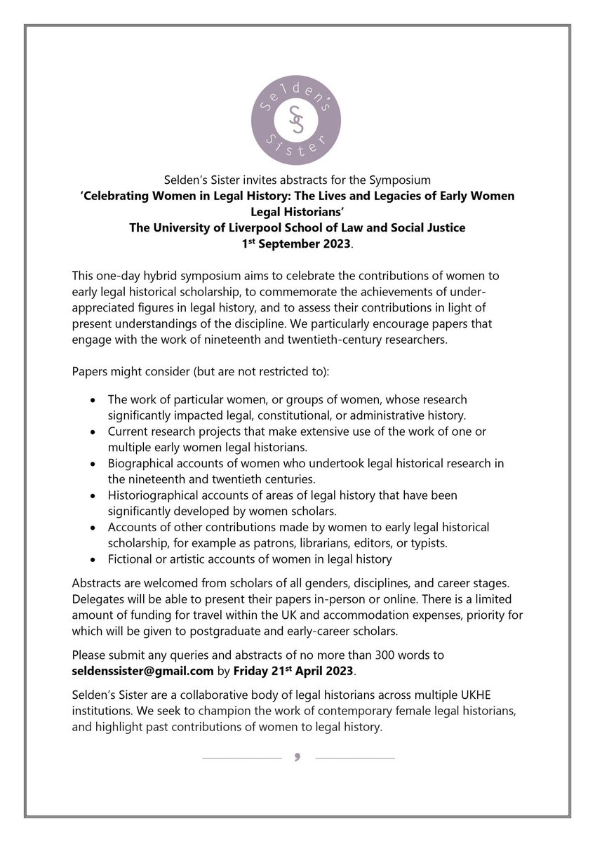 We’re launching our #CFP today for our first women in #legalhistory event, funded by @legalscholars and coming up later this year. Abstracts and queries to seldenssister@gmail.com by 21 April. Tell a friend!