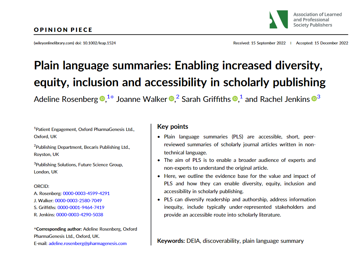 Do you wish that scholarly journal articles were more diverse, equitable, inclusive and accessible? Peer-reviewed #PlainLanguageSummaries can help! We outline the evidence base for the value of PLS in a new @LearnedPublish article here. onlinelibrary.wiley.com/doi/full/10.10…