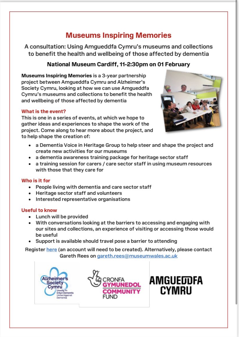 This is happening on Wednesday and we’d love people to come along and talk to us. Last call today. If you’re interested let me know asap! <a href="/AlzSocCymru/">Alzheimer's Society Cymru</a> <a href="/AmgueddfaCymru/">Amgueddfa Cymru | Museum Wales</a> #dementia <a href="/Amgueddfa_Learn/">Amgueddfa Learn</a>