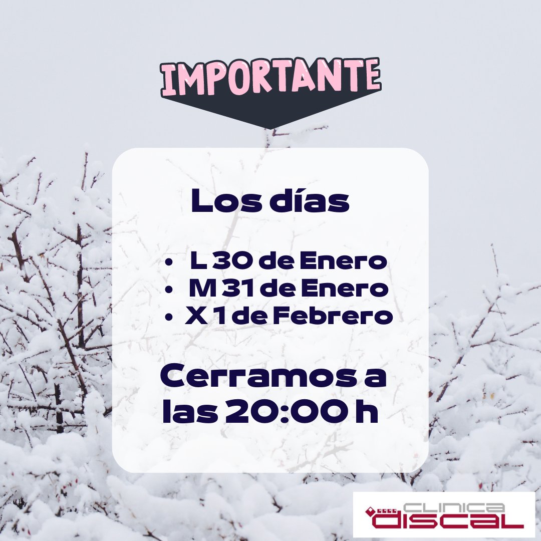 Esta semana cerramos un poquito antes lunes, martes y miércoles 😉

#clinicadiscal