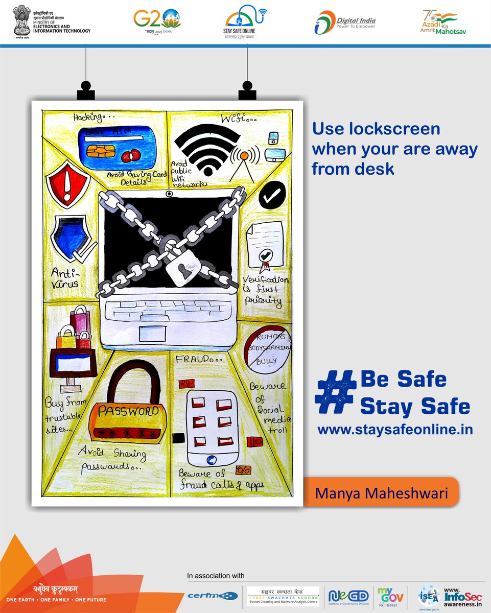 SSOIndia's tweet photo. #StaySafeOnline
#painting of the day : Lock your digital device device screen 📱💻🖥️ when you are away from it.
#AutoLock #cybersecurity #BeSafe #StaySafe
#G20India @g20org @GoI_MeitY @mygovindia @_DigitalIndia @MeityPib @alkesh12sharma @NeGD_GoI @NICMeity @IndianCERT https://t.co/vC5SYX5Qkb