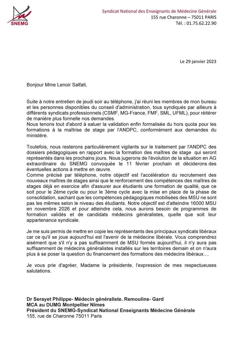 Pour information, voici le mail envoyé à l'ANDPC.