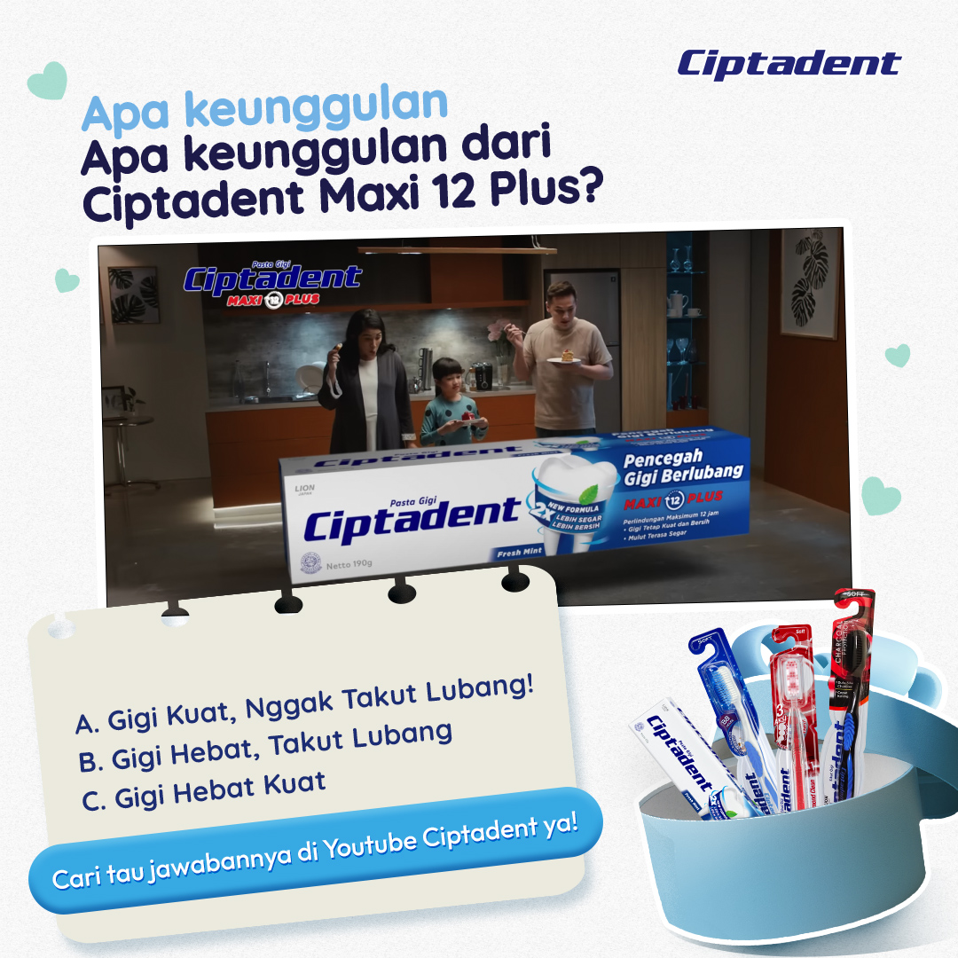 CiptadentID's tweet photo. [QUIZ TIME!]

Ada yang tau apa keunggulan dari Ciptadent Maxi 12 Plus? Yang bisa jawab benar, akan ada hadiah hampers Ciptadent untuk 5 orang pemenang.

Jangan lupa follow semua akun Ciptadent ya, dan jawabanmu ditunggu sampai 1 Februari 2023. https://t.co/Xm426rN5oR
