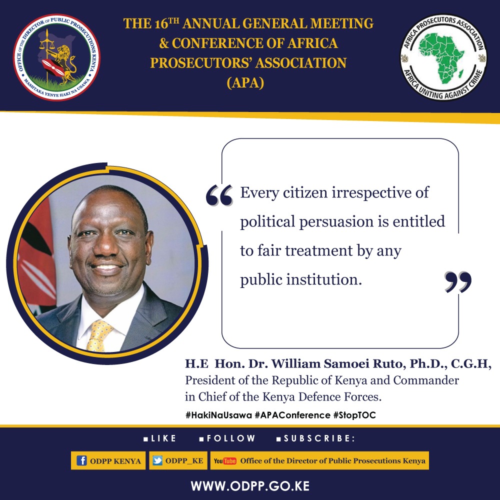 ODPP_KE's tweet photo. The President called for enhanced partnerships with development partners in order to build the capacity of our legal institutions. #HakiNaUsawa #APAConference #StopTOC @ApaAfrican @UNOPS_Kenya https://t.co/VjGyOthi9h