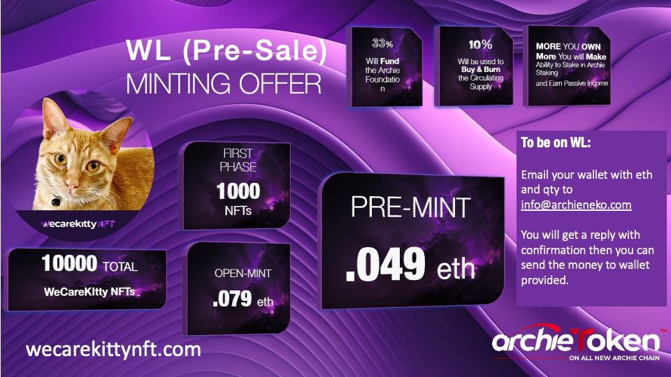 Pre-Mint OFFER 🛑 #Wecarekitty NFT

✅ 1000 spots only
✅ .049 eth only
✅ many benefits

Buy Now.

ICO announcing soon. Join our telegram: 

t.me/+WRR0ZvsPvbEyN…

Full Details: 👇 

heyzine.com/flip-book/df1a…

@wecarekitty #USDC #Staking #NFT #ArchieCoin #ArchieNeko #ARCHIE