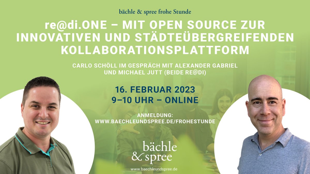 Carlo Schöll (@bachlespree) on Twitter photo Open Source im interkommunalen Kontext! In der nächsten "frohen Stunde" von <a href="/BachleSpree/">Carlo Schöll</a> freue ich mich auf Alexander Gabriel und <a href="/jutt_michael/">Michael Jutt</a>, die die online-kollaborative Plattform re@diONE vorstellen -das digitale Herz von @readikommunal. Zur Anmeldung 👇 Open Source im interkommunalen Kontext! In der nächsten "frohen Stunde" von <a href="/BachleSpree/">Carlo Schöll</a> freue ich mich auf Alexander Gabriel und <a href="/jutt_michael/">Michael Jutt</a>, die die online-kollaborative Plattform re@diONE vorstellen -das digitale Herz von @readikommunal. Zur Anmeldung 👇