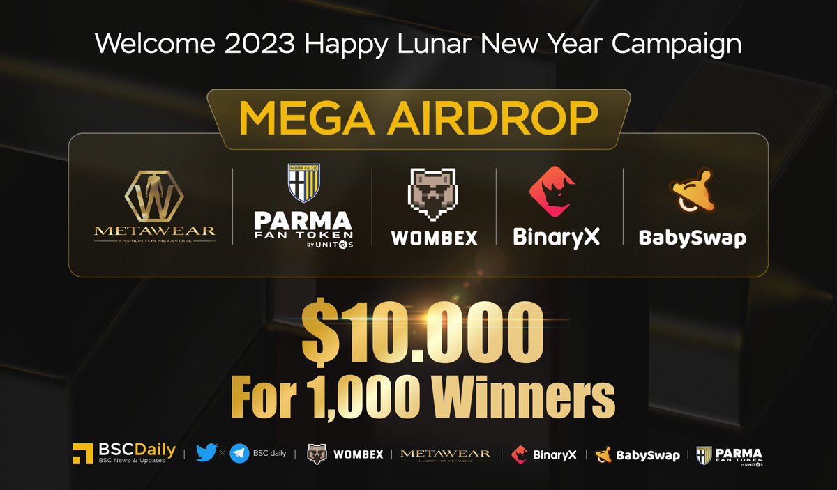 🔥 $10.000 for 1.000 WINNERS MEGA #Airdrops

💪 Join the campaign with 5 Amazing Projects @Metaweartoken, @Unitos_io, @Binary_x, <a href="/WombexFinance/">Wombex</a>, <a href="/babyswap_bsc/">BabySwap #Baby the Landlord 🏝️</a>

▶️ Finish #Gleam tasks Here 👇
gleam.io/7JXYh/welcome-…

⏰ Duration: Ends in 15 days
     
 #Giveaways #NFTGiveaway