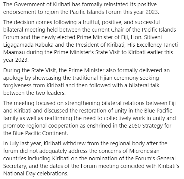 stephendziedzic's tweet photo. Statement from the President's office in Kiribati confirming that it plans to rejoin the Pacific Islands Forum this year. Statement says Rabuka's visit to Kiribati was "fruitful, positive and successful" and stresses the importance of the boka ceremony conducted during the trip https://t.co/EQTLI5Oytf