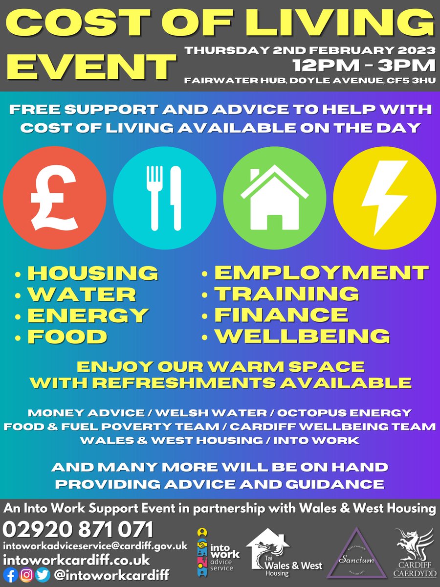 IntoWorkCardiff's tweet photo. Starting this Thursday!
Don't miss out on our Cost of Living Event at Fairwater Hub on Thursday 2nd February 2023 from 12pm - 3pm!
Have a chat with a wide range of providers who will be offering FREE support and guidance to help you with living costs and more! https://t.co/5zhyQf0SHI