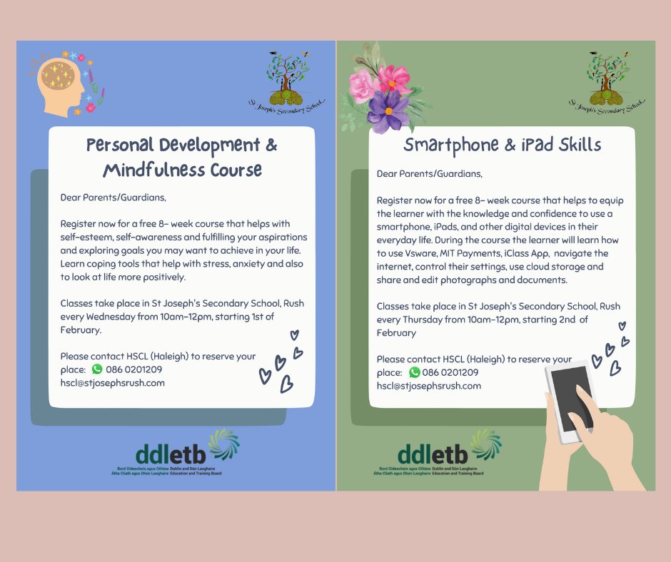 StJosephsHSCL's tweet photo. Reminder to the parents @stjosephsrush. Our courses are filling up fast 📋⏳There are only a few places left so please do get in touch on 0860201209 📞 

Courses start this Tues &amp; Wed🌸#Wellbeing #Backtoeducation @STJRushGuidance @TYSTJRush https://t.co/d2LfhIHshB