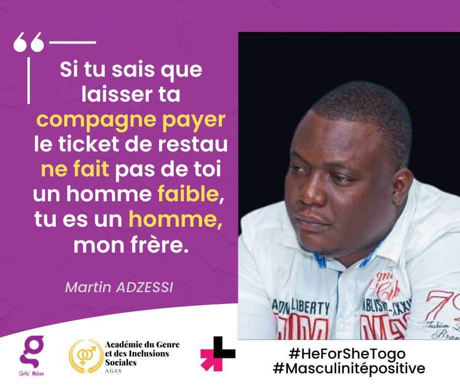 girlsmotiontogo's tweet photo. Campagne digitale de promotion de la masculinité positive. 

"Si tu sais que laisser ta compagne payer le ticket de restau ne fait pas de toi un homme faible, tu es un homme, mon frère"
Martin ADZESSI

#HeForSheTogo
#MasculinitéPositive
#CelluleAtsuEklu
#MouvementGirlsMotion https://t.co/sBNaVjTlv2