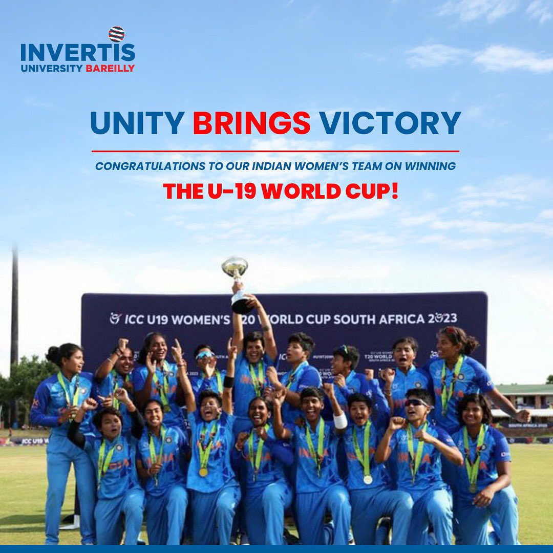 InvertisUni's tweet photo. #InvertisFamily enthusiastically congratulates our Indian Women’s Team for emerging victory at ICC U-19 Women’s T20 World Cup, South Africa, 2023!

#WorldCup2023 #Womenempowerment #ProudIndian #Achievement #InvertisUniversity #Togetherwecan #Invertian #Bareilly https://t.co/LGSCPHVmQH