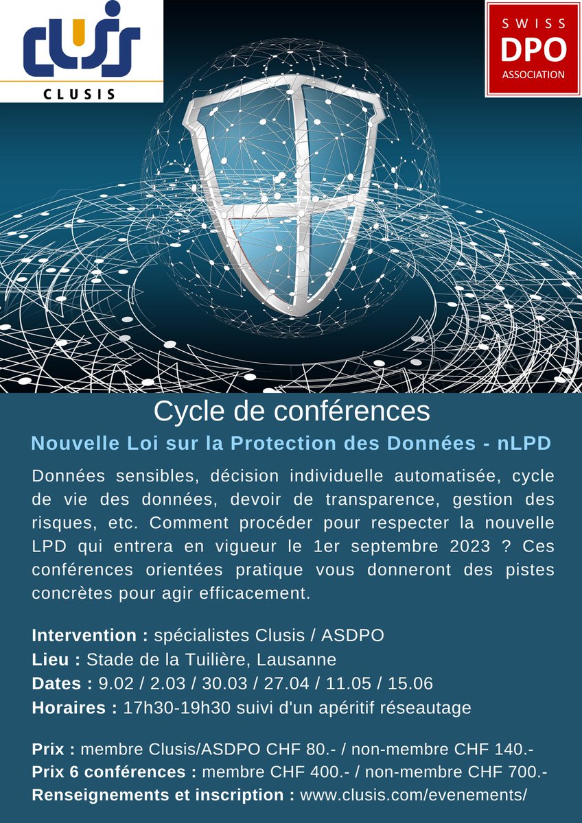 Clusis_Suisse's tweet photo. En collaboration avec l'ASDPO, le Clusis vous propose un cycle de 6 conférences sur la nLPD orientées pratique ! Les inscriptions sont ouvertes https://t.co/ykFTBRHhee
#Clusis #ASDPO #nLPD https://t.co/2FG0XcSKmB